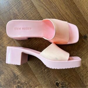 Steve Madden Harlin Jelly Shiny Pink Square Toe Heel Chunky Slip On Mules